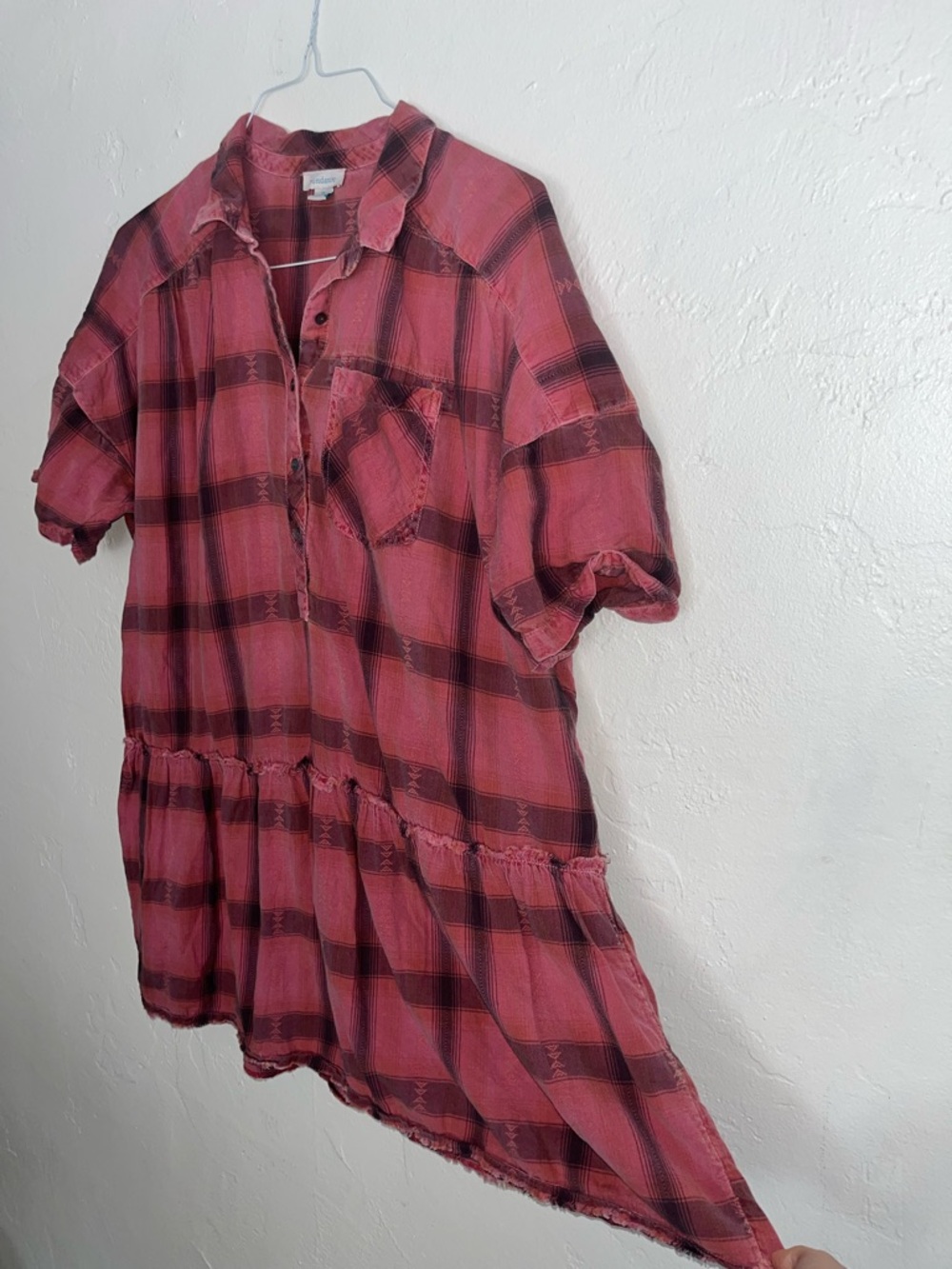 Sundance Mini skater dress /Tunic Top Henley Neck Faded Rose Plaid Cutoff Hem XL